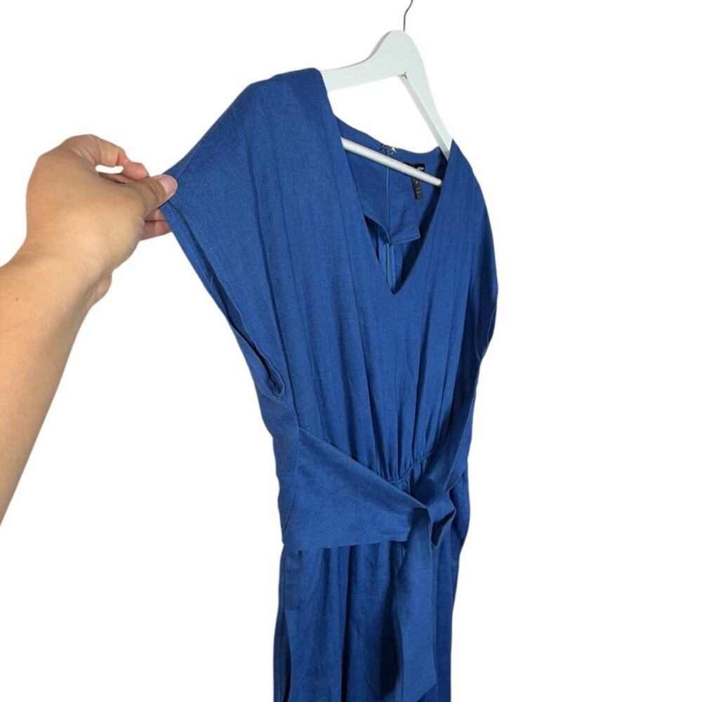 Aqua Women's Blue Tie Waist Linen Jumpsuit Cropped Straight Leg Size Large - Picture 6 of 11